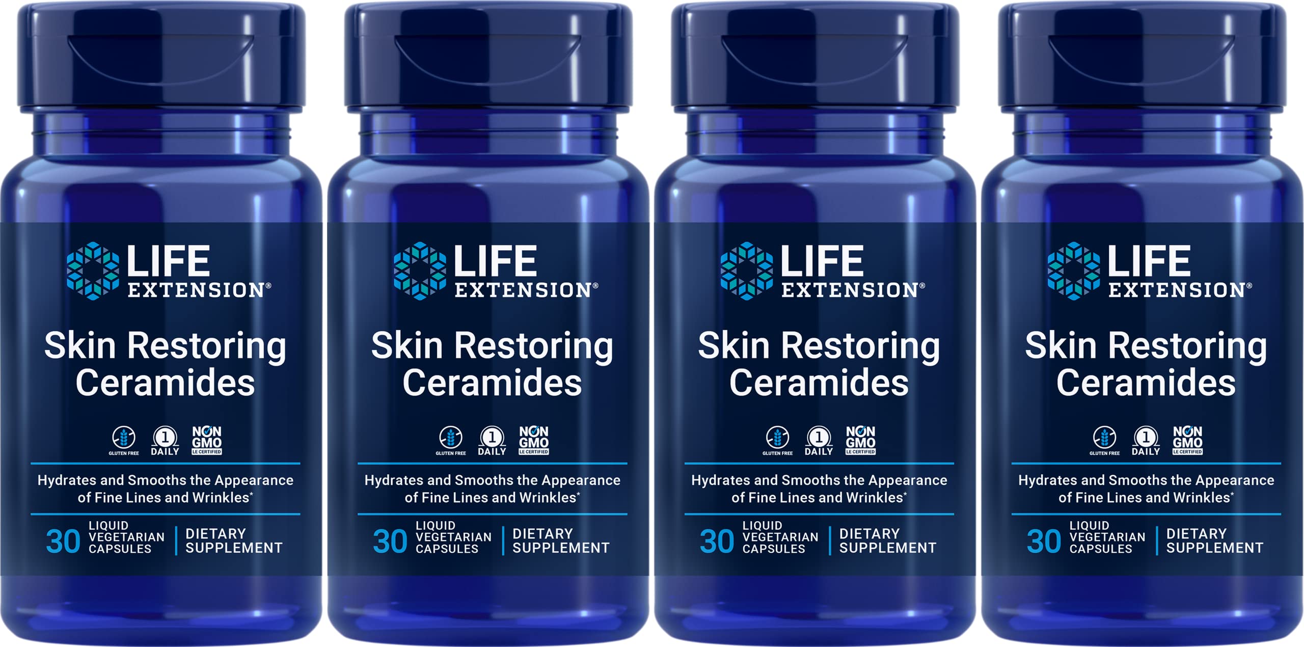 Life Extension Skin Restoring Ceramides bottle front view, pack of 4, highlighting hydration support.