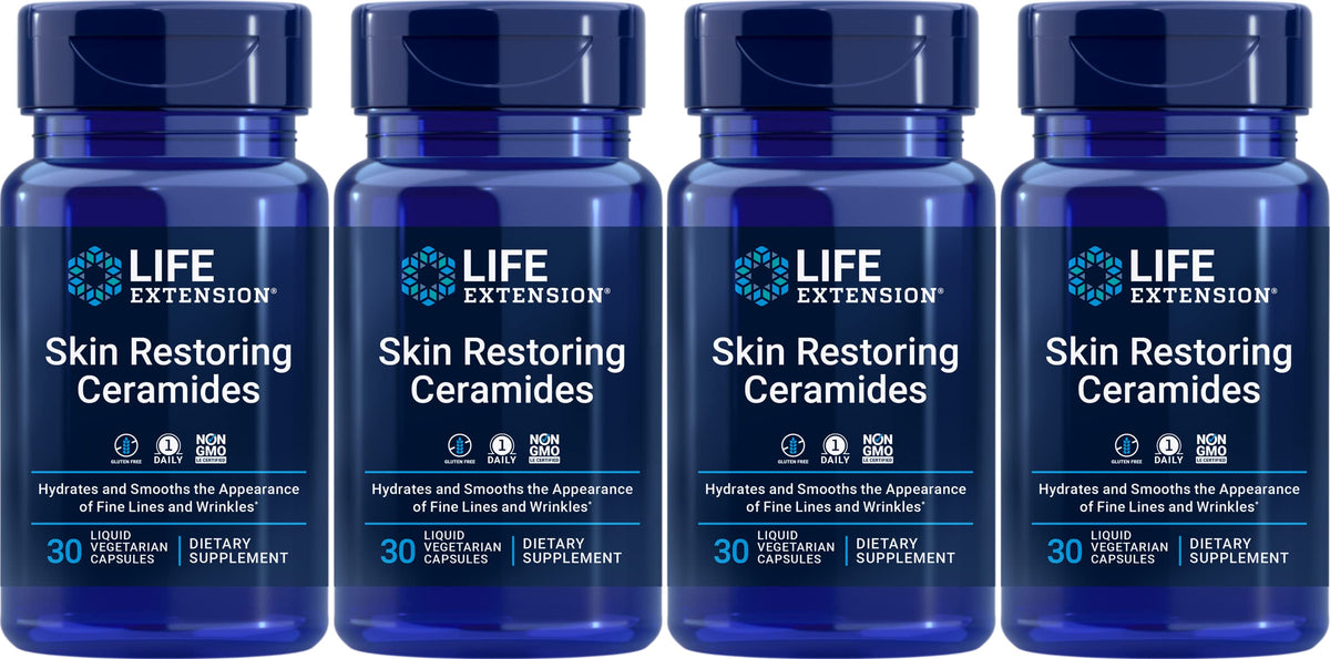 Life Extension Skin Restoring Ceramides bottle front view, pack of 4, highlighting hydration support.