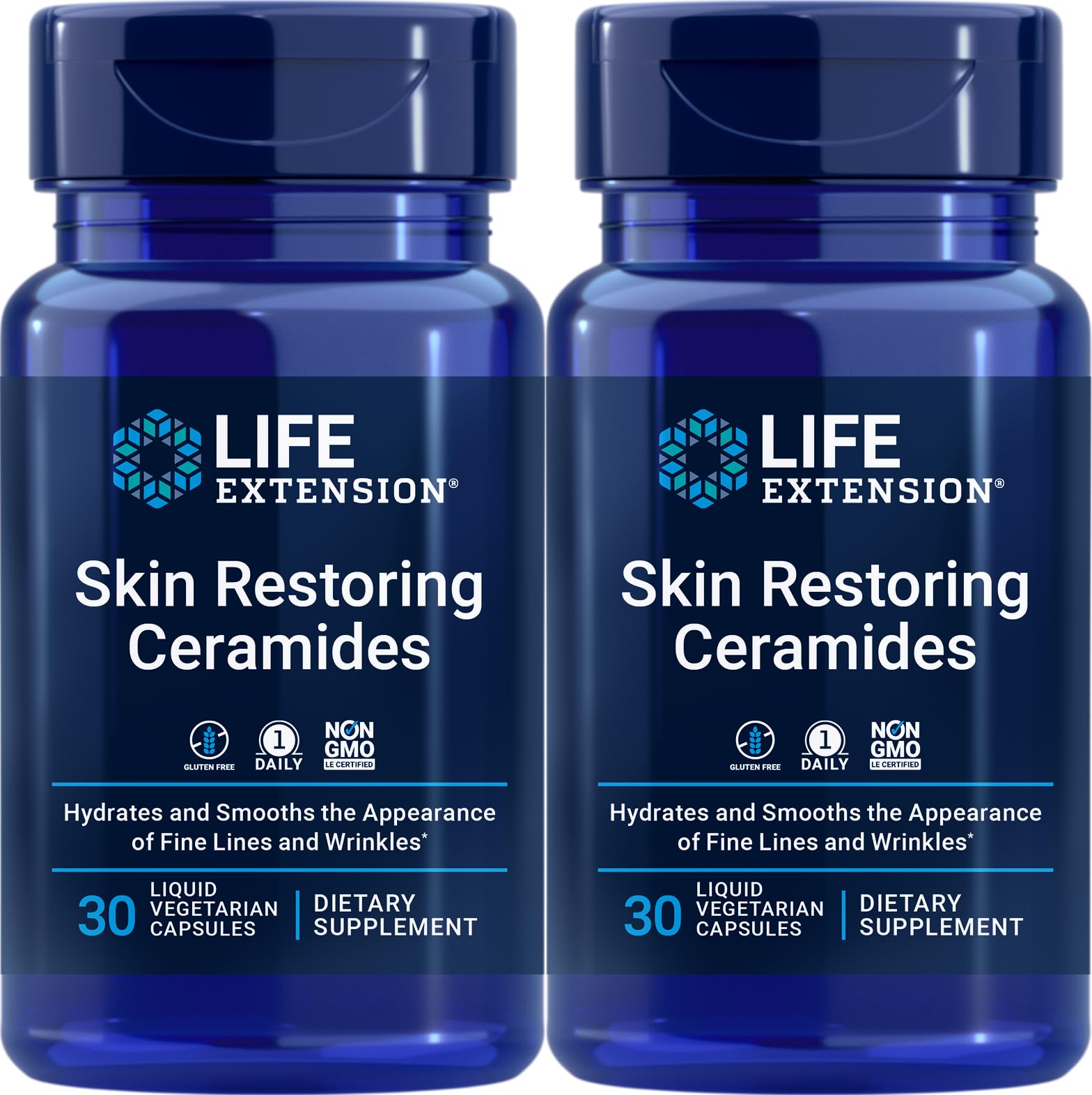 Life Extension Skin Restoring Ceramides bottle showing daily capsules for skin hydration.