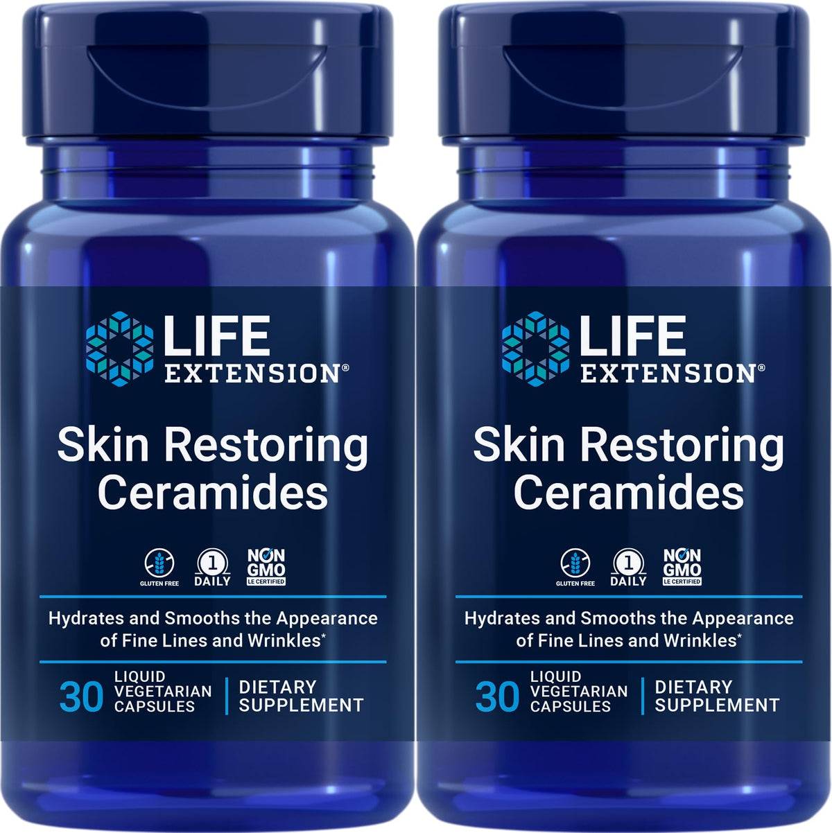 Life Extension Skin Restoring Ceramides bottle showing daily capsules for skin hydration.