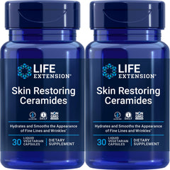 Life Extension Skin Restoring Ceramides bottle showing daily capsules for skin hydration.