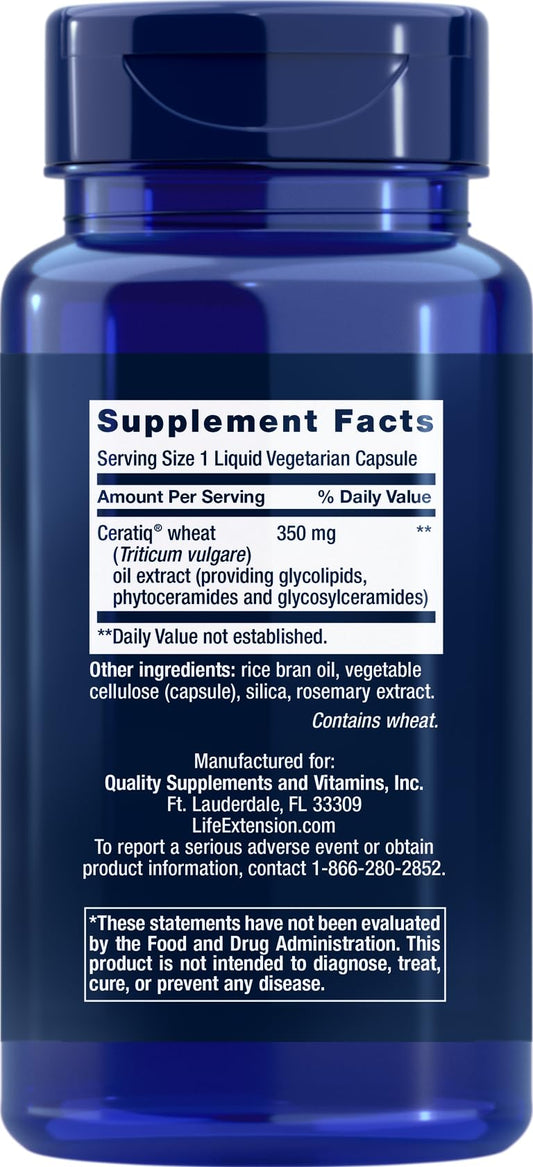 Life Extension Skin Restoring Ceramides capsules close-up showing Ceratiq Wheat extract