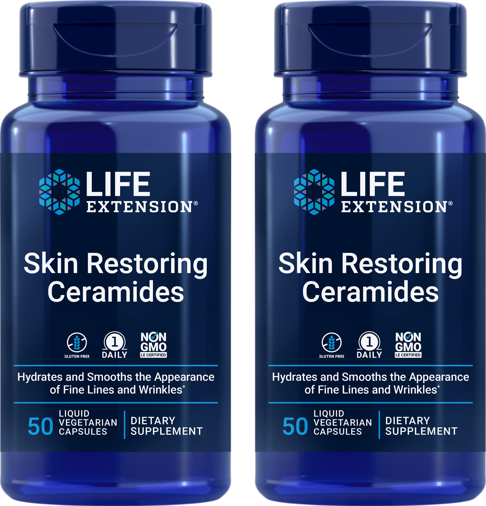 Life Extension Skin Restoring Ceramides pack of 2 with capsules and bottle for daily hydration