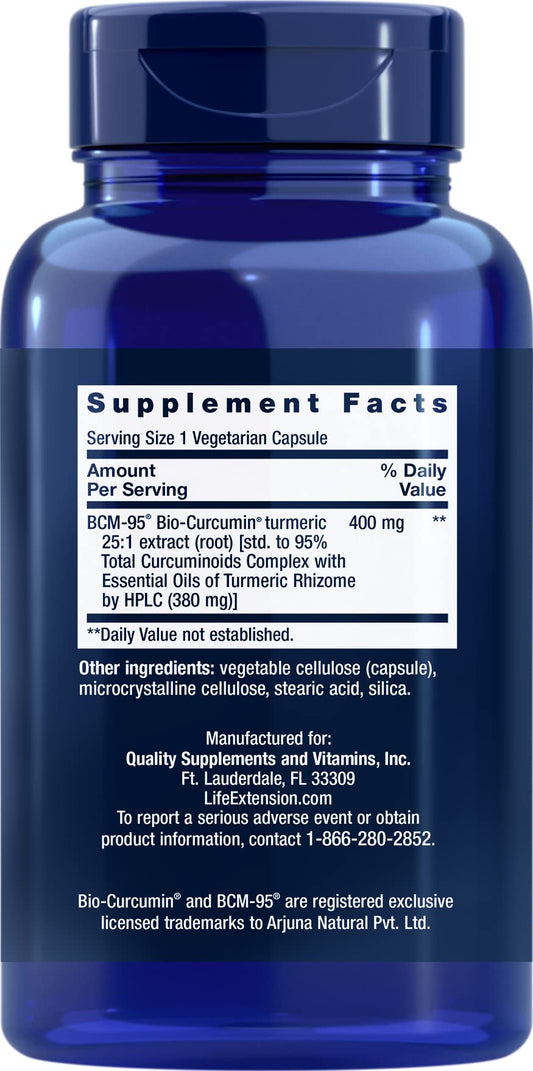 Life Extension Super Bio-Curcumin capsules closeup showing BCM-95 curcuminoids for brain health support.