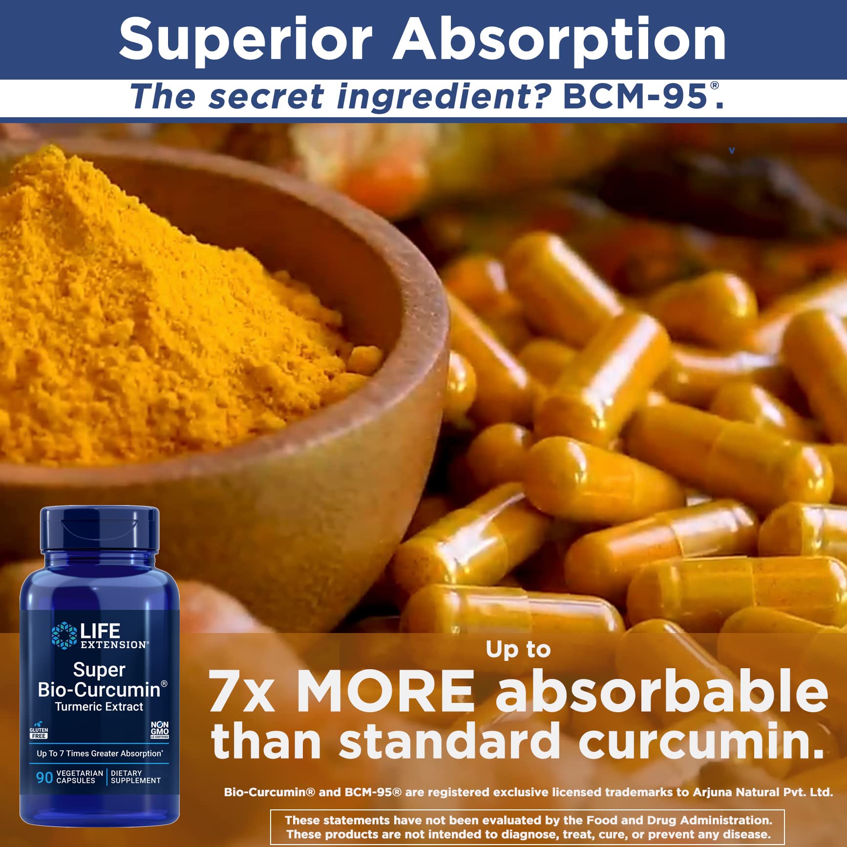 Life Extension Super Bio-Curcumin label and packaging showing Non-GMO and gluten-free features.