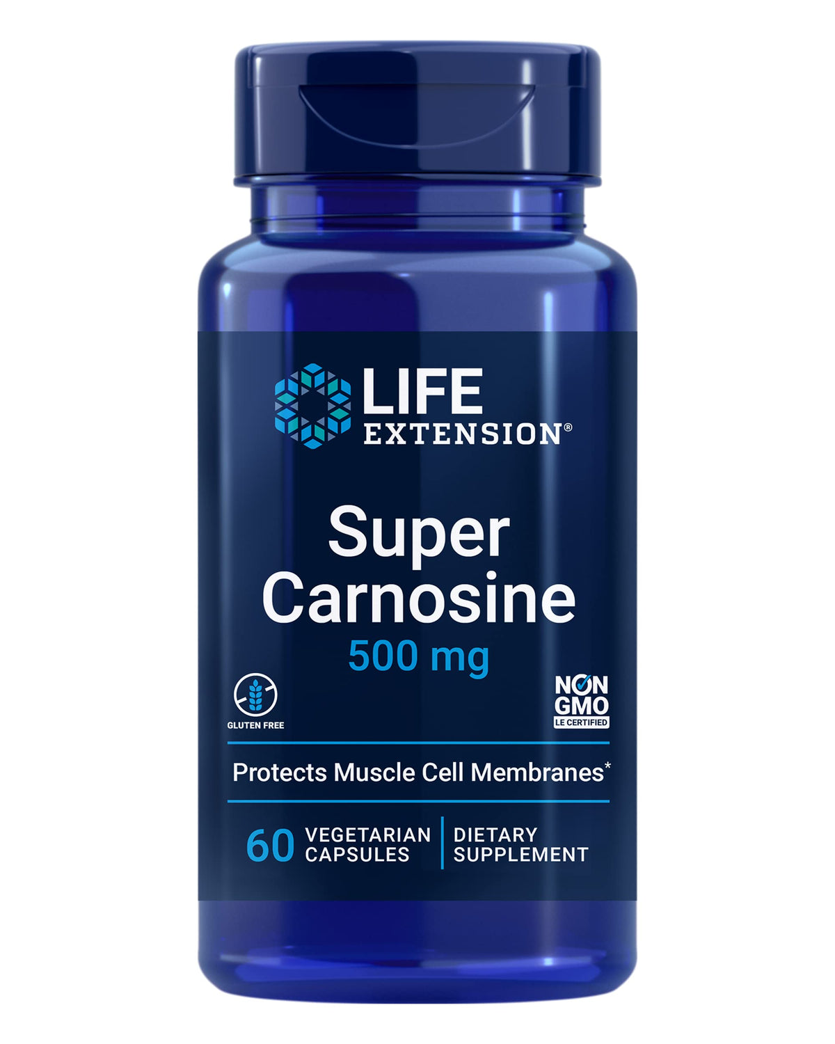 Life Extension Super Carnosine capsules in a bottle for muscle support and antioxidant defense.