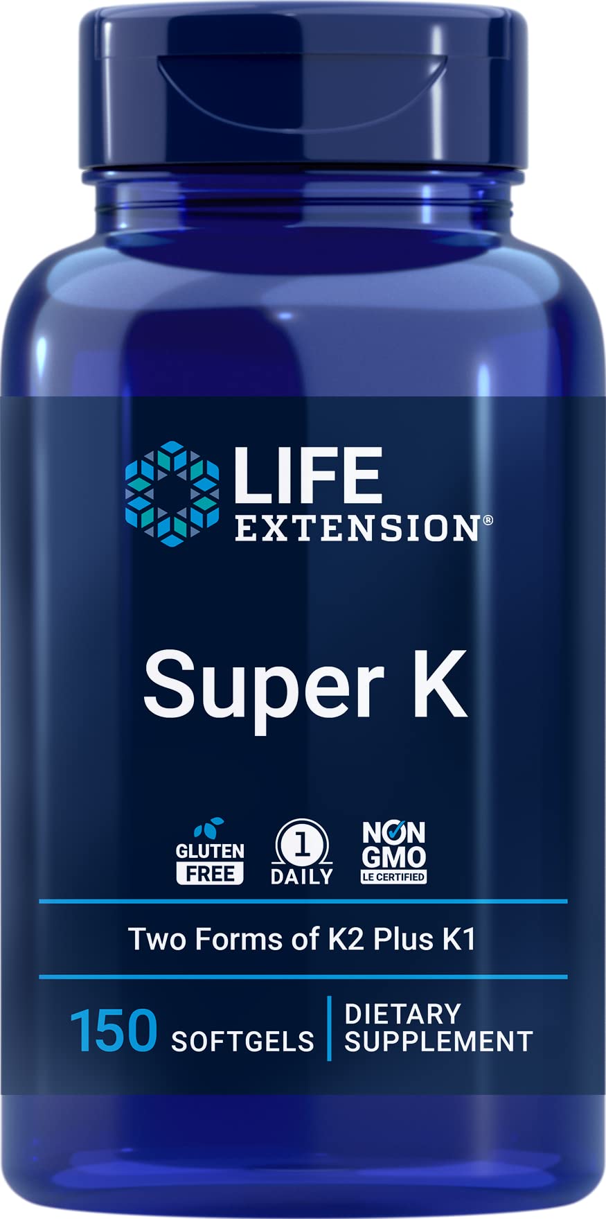 Life Extension Super K bottle label highlights K1, MK4, MK7 and Vitamin C