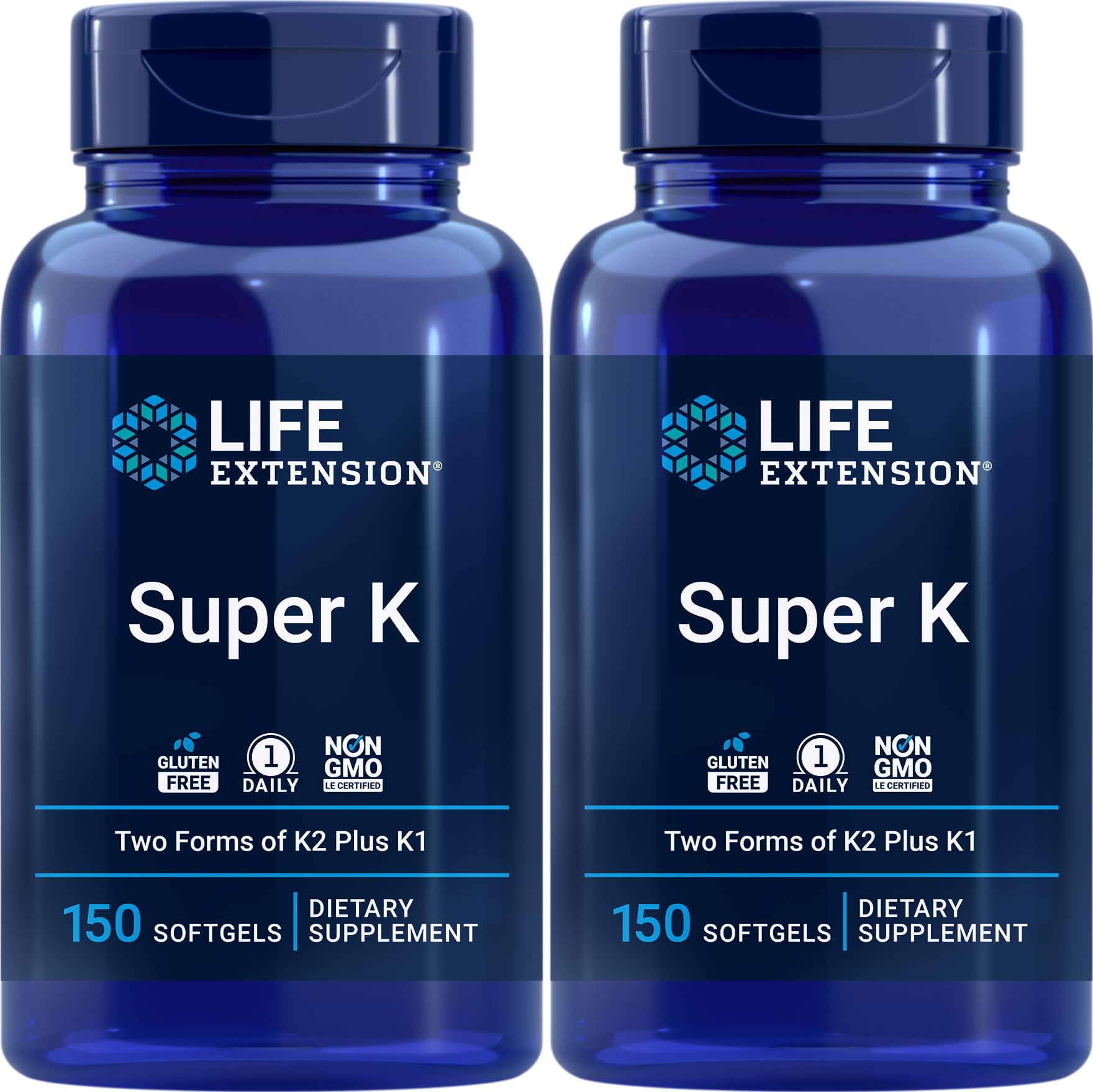 Life Extension Super K bottle with two-pack softgels for daily support.