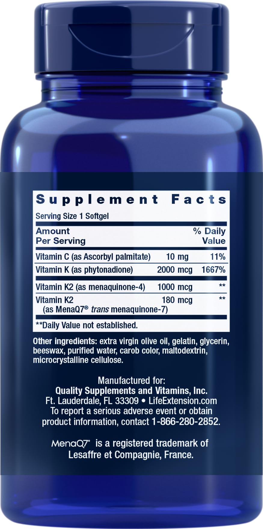 Life Extension Super K softgel close-up shows easy-to-swallow design