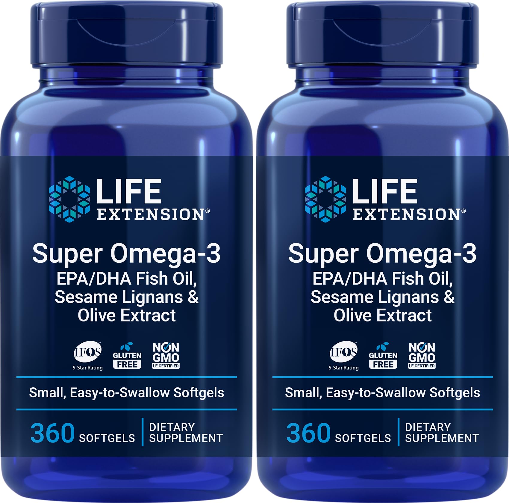 Life Extension Super Omega-3 bottle close-up highlighting easy-to-swallow softgels