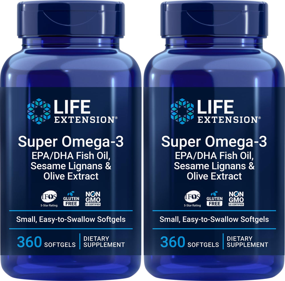 Life Extension Super Omega-3 bottle close-up highlighting easy-to-swallow softgels