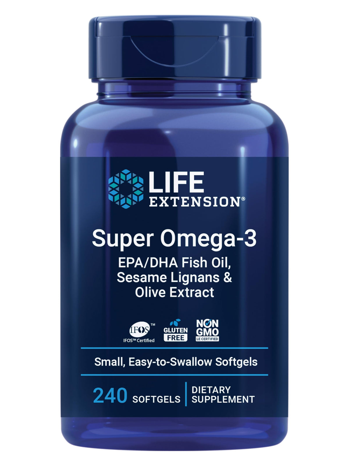 Life Extension Super Omega-3 fish oil bottle with wild-caught ingredients for heart support.
