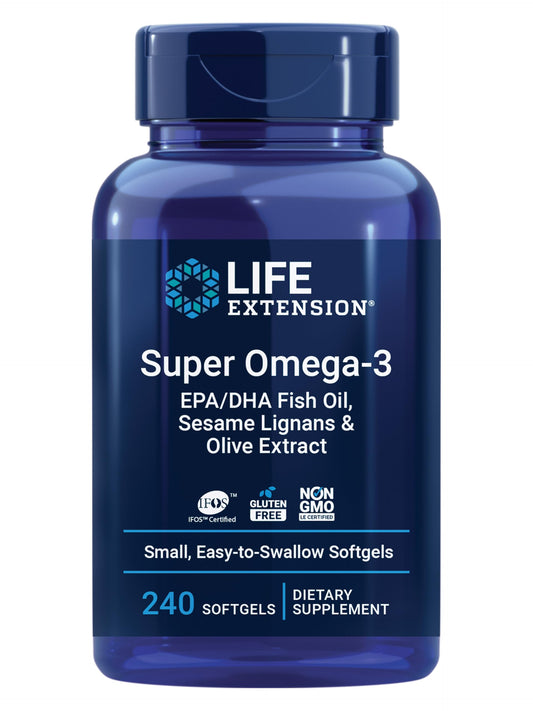 Life Extension Super Omega-3 fish oil bottle with wild-caught ingredients for heart support.