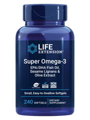 Life Extension Super Omega-3 fish oil bottle with wild-caught ingredients for heart support.