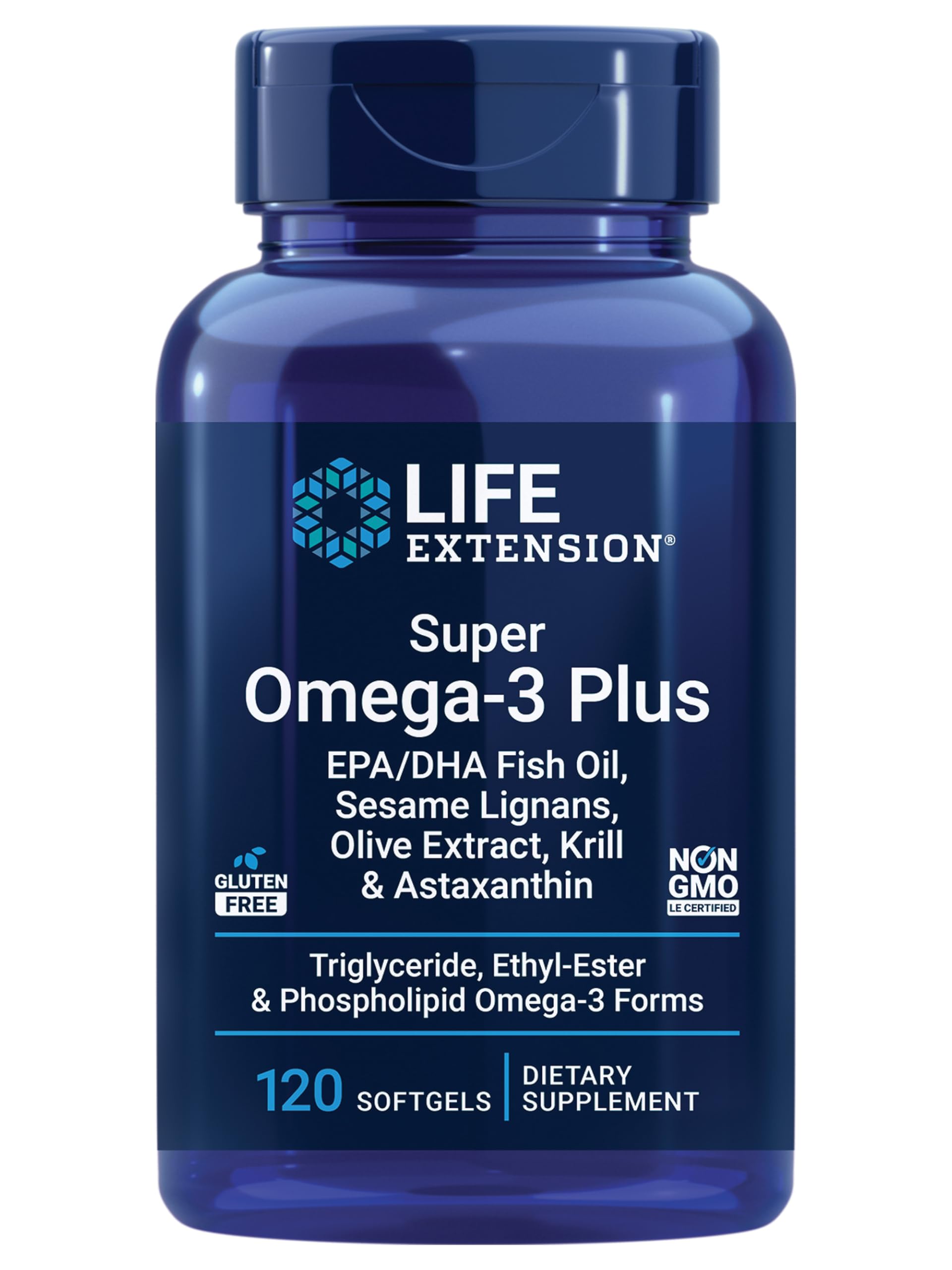 Life Extension Super Omega-3 Plus bottle front showing label for heart and brain support.
