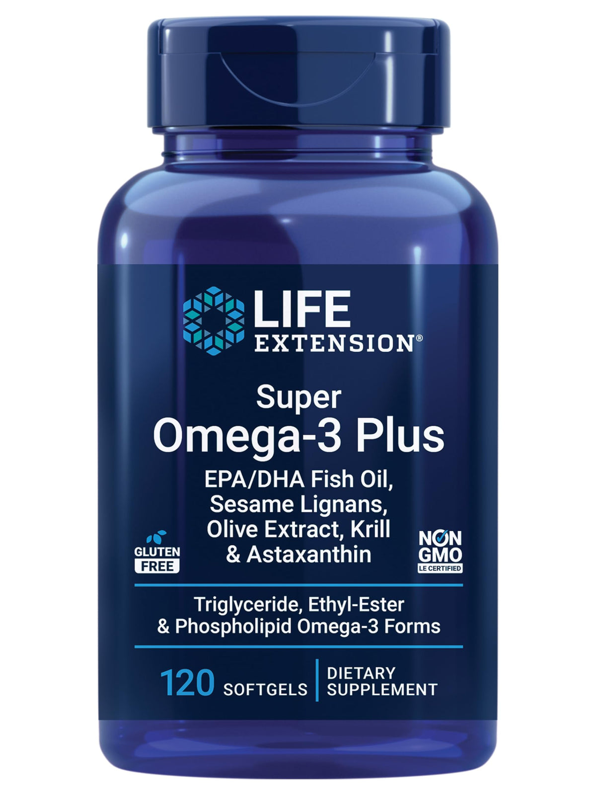 Life Extension Super Omega-3 Plus bottle front showing label for heart and brain support.