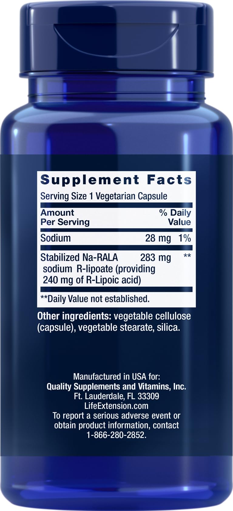 Life Extension Super R-Lipoic Acid bottle side view showing packaging and dosage form.