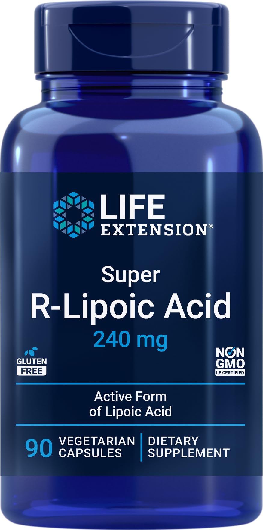 Life Extension Super R-Lipoic Acid bottle showing 240 mg capsules for daily energy support.