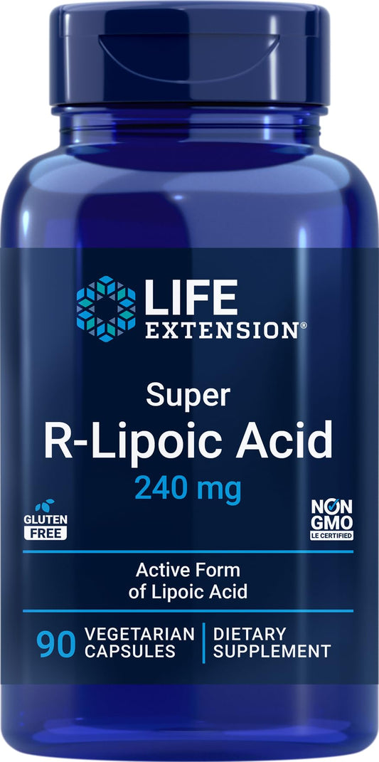 Life Extension Super R-Lipoic Acid bottle showing 240 mg capsules for daily energy support.