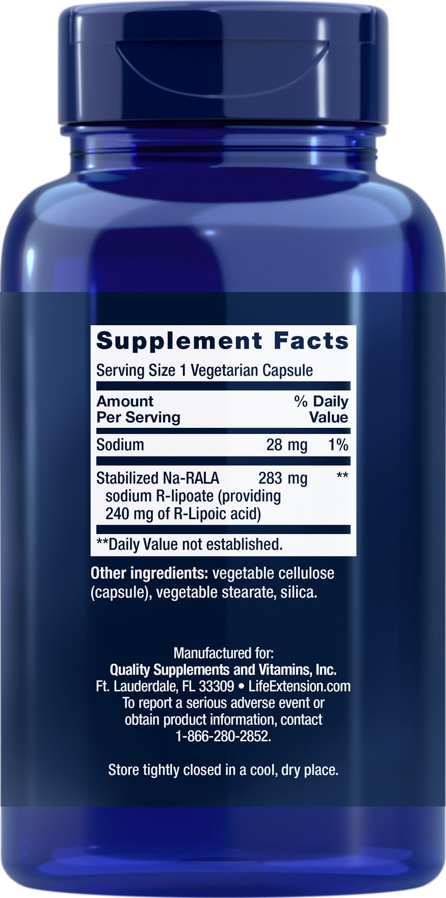 Life Extension Super R-Lipoic Acid capsules ready to take, potentially supporting mitochondrial energy.