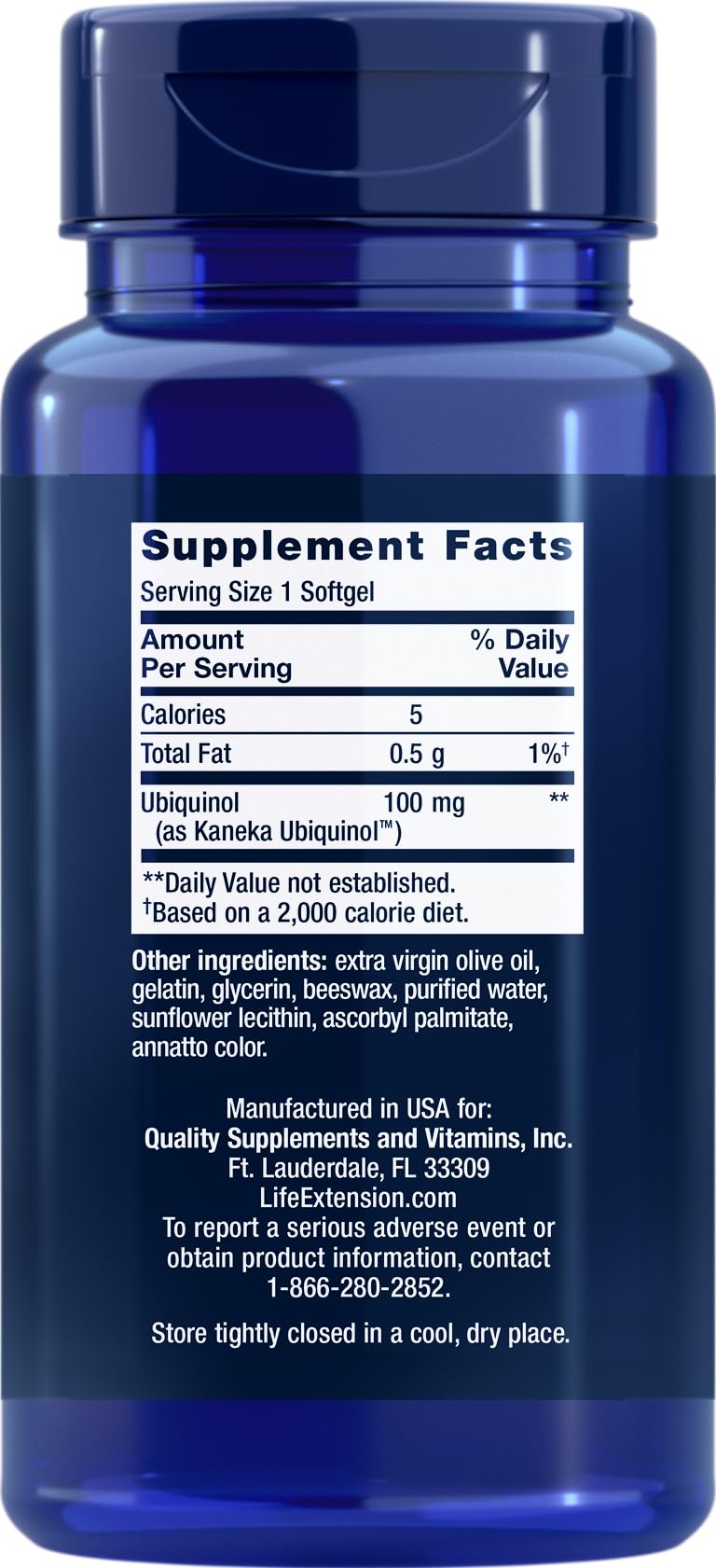 Life Extension Super Ubiquinol CoQ10 bottle back, easy-to-swallow softgels for daily energy support.