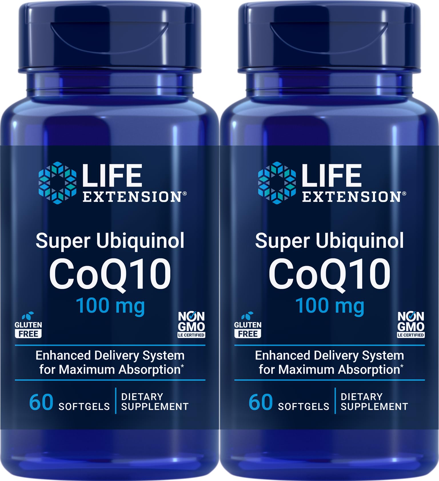 Life Extension Super Ubiquinol CoQ10 bottle front, high-bioavailability formula for cellular energy.