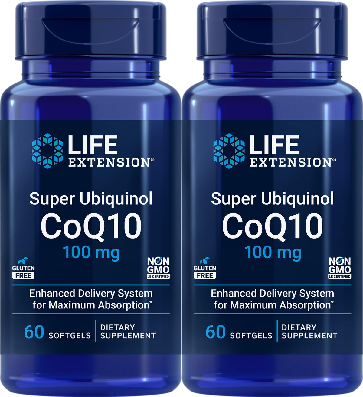 Life Extension Super Ubiquinol CoQ10 bottle front, high-bioavailability formula for cellular energy.