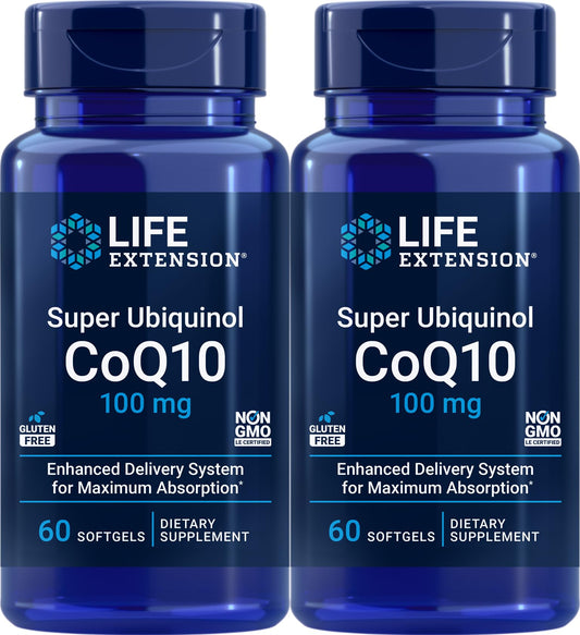 Life Extension Super Ubiquinol CoQ10 bottle front, high-bioavailability formula for cellular energy.