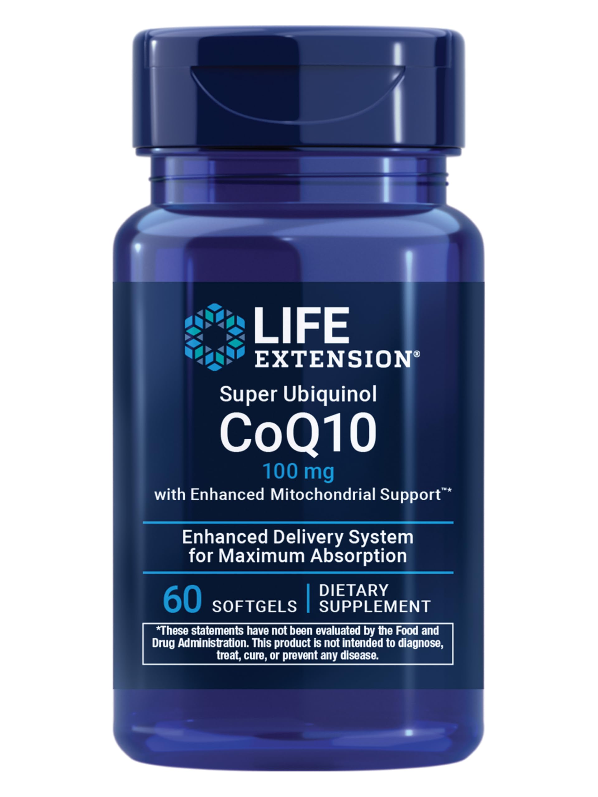 Life Extension Super Ubiquinol CoQ10 bottle label highlighting advanced ubiquinol formula for energy support.