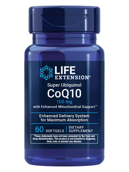 Life Extension Super Ubiquinol CoQ10 bottle label highlighting advanced ubiquinol formula for energy support.