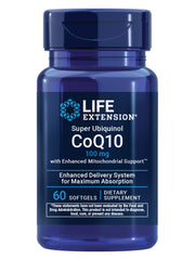 Life Extension Super Ubiquinol CoQ10 bottle label highlighting advanced ubiquinol formula for energy support.