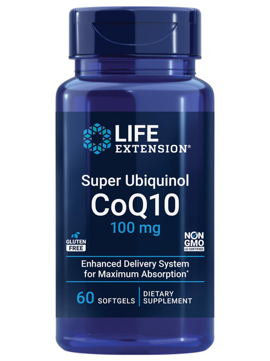 Life Extension Super Ubiquinol CoQ10 bottle pouring shows premium formula.