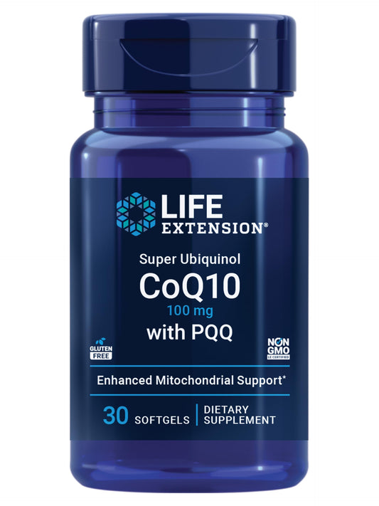 Life Extension Super Ubiquinol CoQ10 bottle, supports heart health and daily energy.