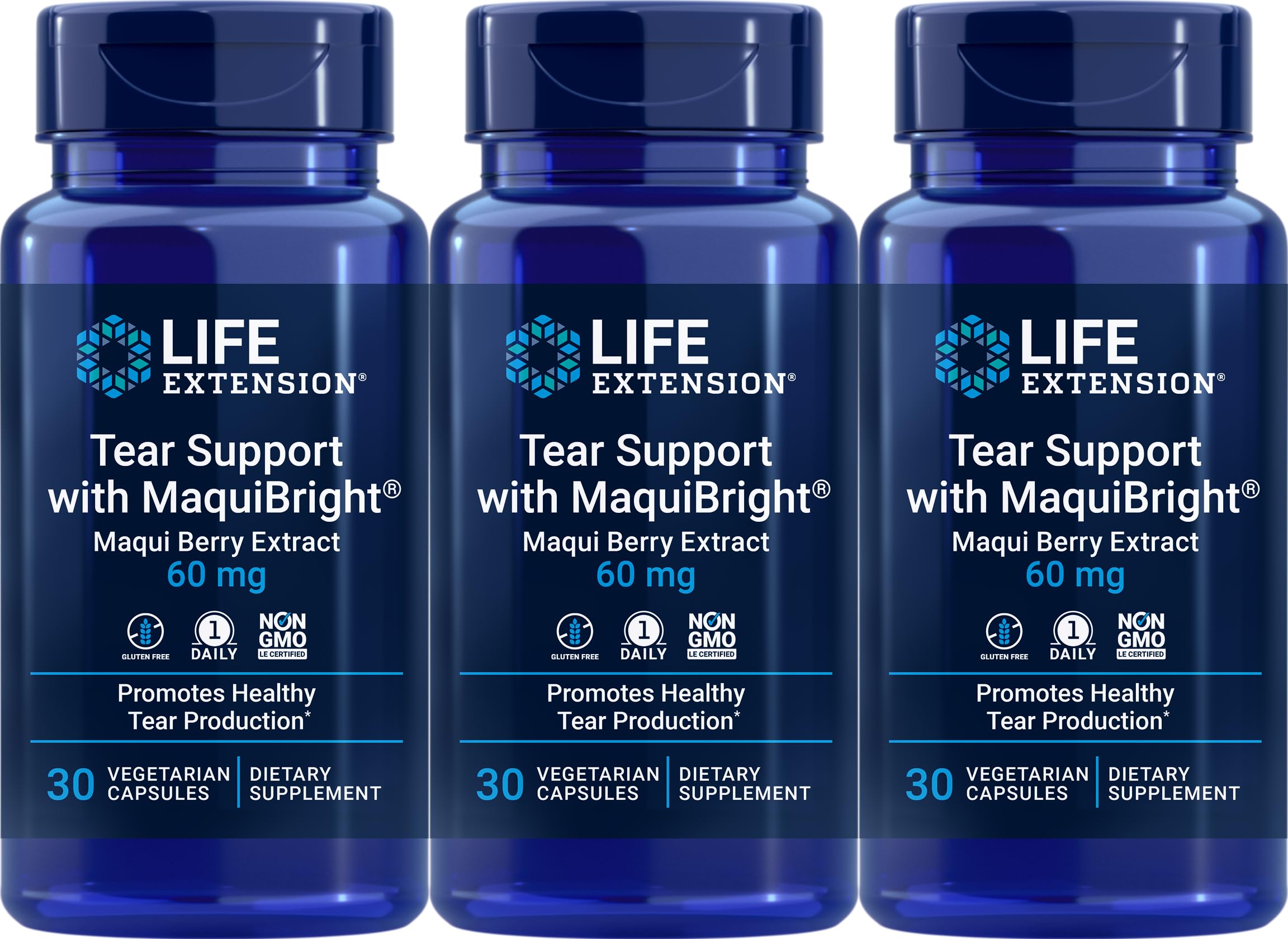 Life Extension Tear Support bottle with MaquiBright 60 mg for eye comfort and tear support.