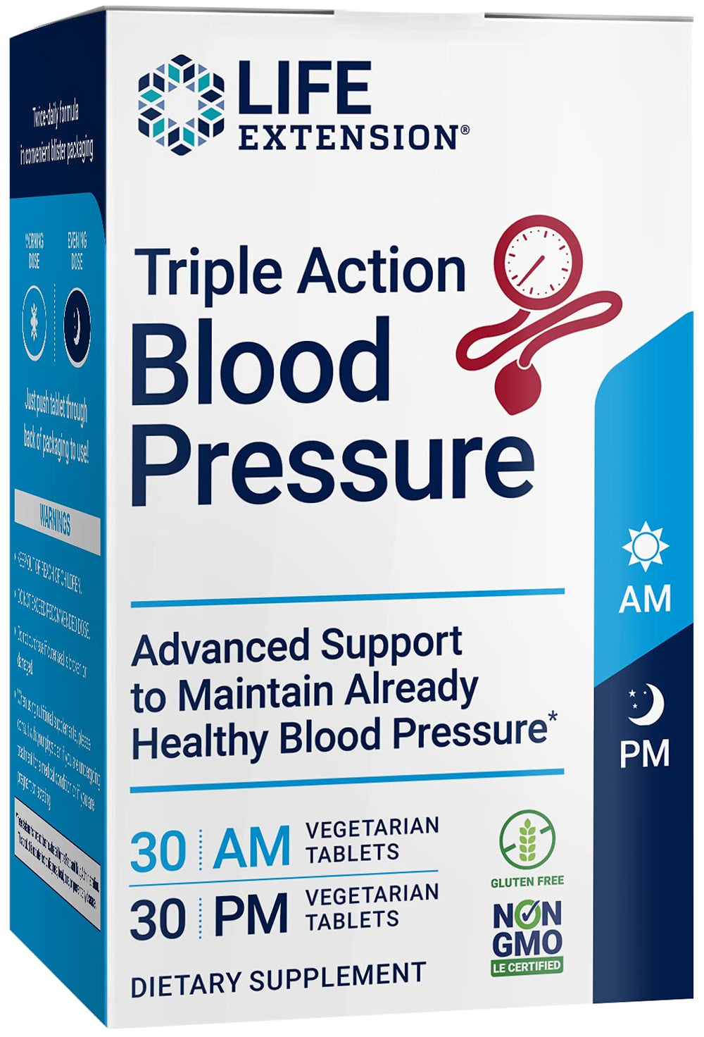 Life Extension Triple Action bottle label closeup showing gluten-free and non-GMO branding.