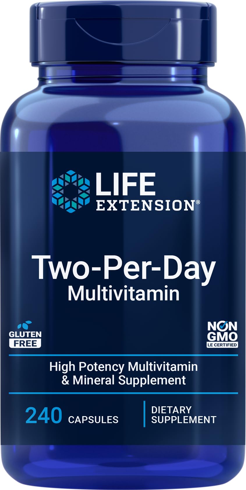 Life Extension Two-Per-Day multivitamin bottle front displaying comprehensive daily support