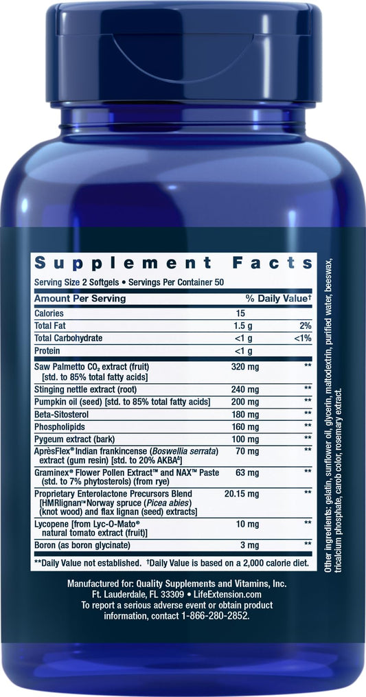 Life Extension Ultra Prostate Formula bottle back with directions for urinary health support