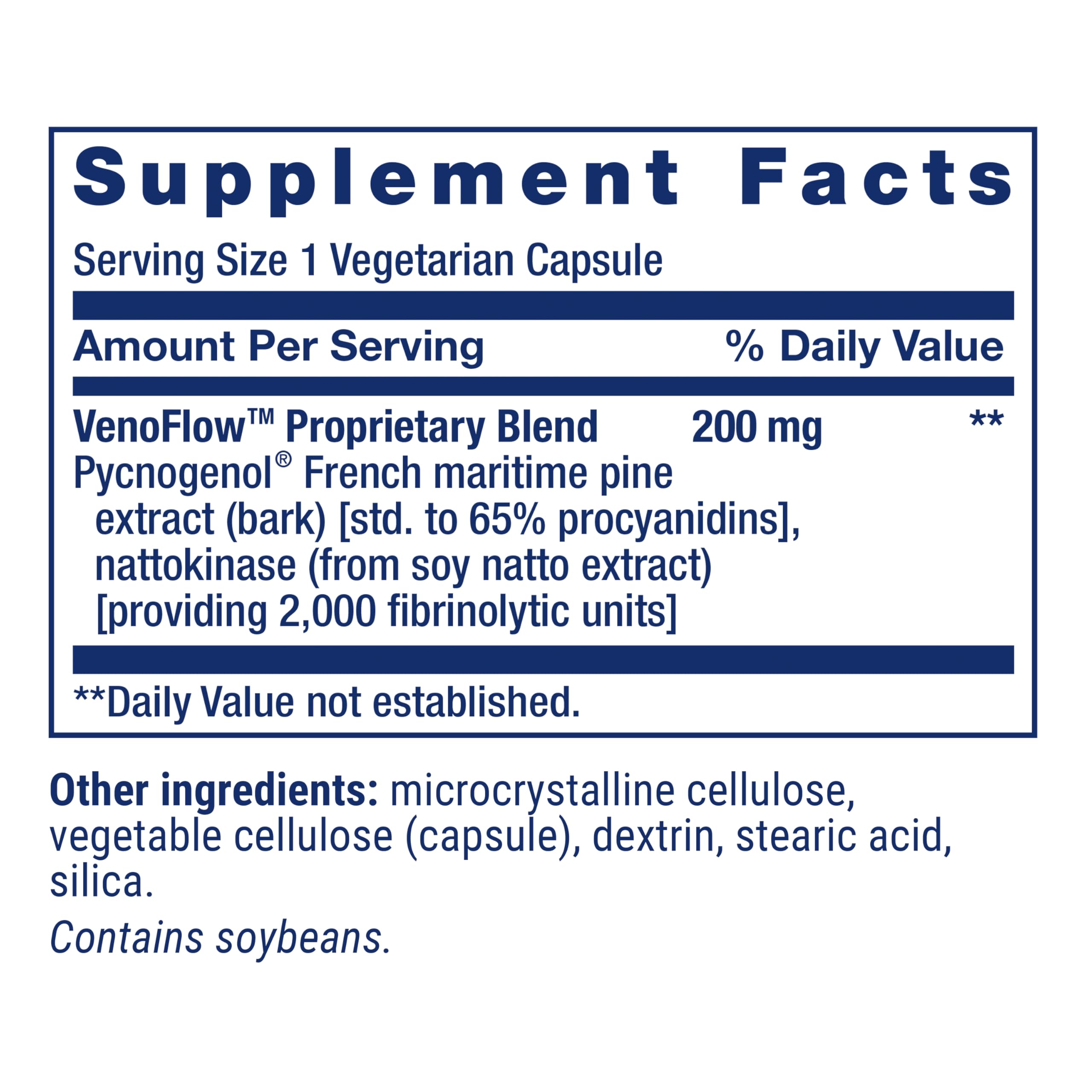 Life Extension VenoFlow label detail highlighting gluten-free and non-GMO claims.