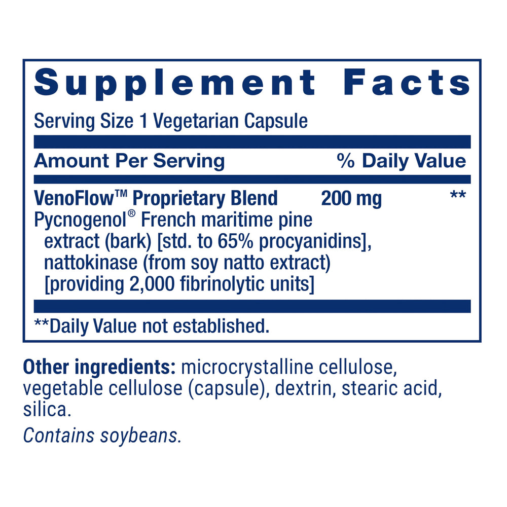 Life Extension VenoFlow label detail highlighting gluten-free and non-GMO claims.