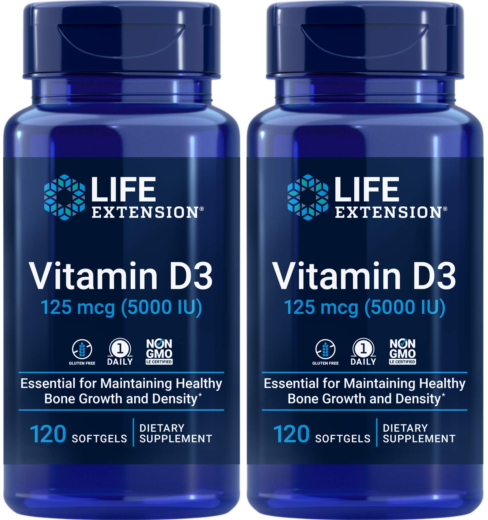Life Extension Vitamin D3 5000 IU bottle and softgels support bone and immune health