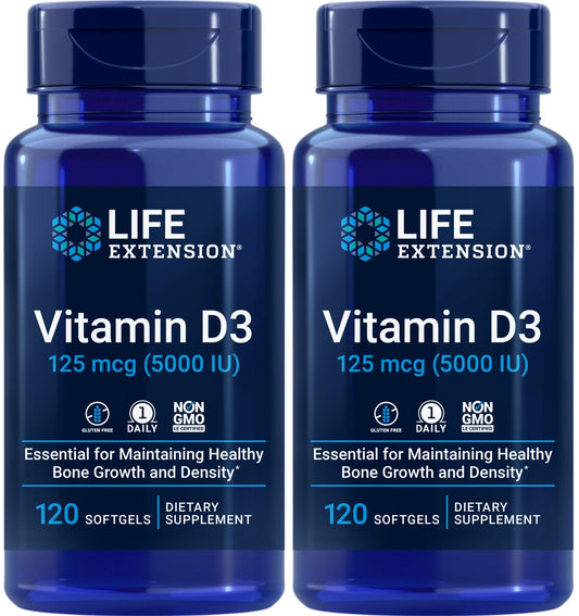 Life Extension Vitamin D3 5000 IU bottle and softgels support bone and immune health