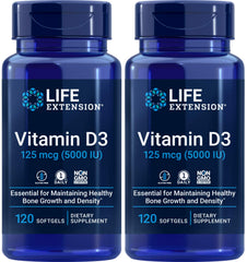 Life Extension Vitamin D3 5000 IU bottle and softgels support bone and immune health