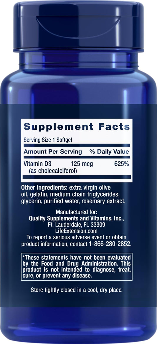 Life Extension Vitamin D3 5000 IU bottle front view with label