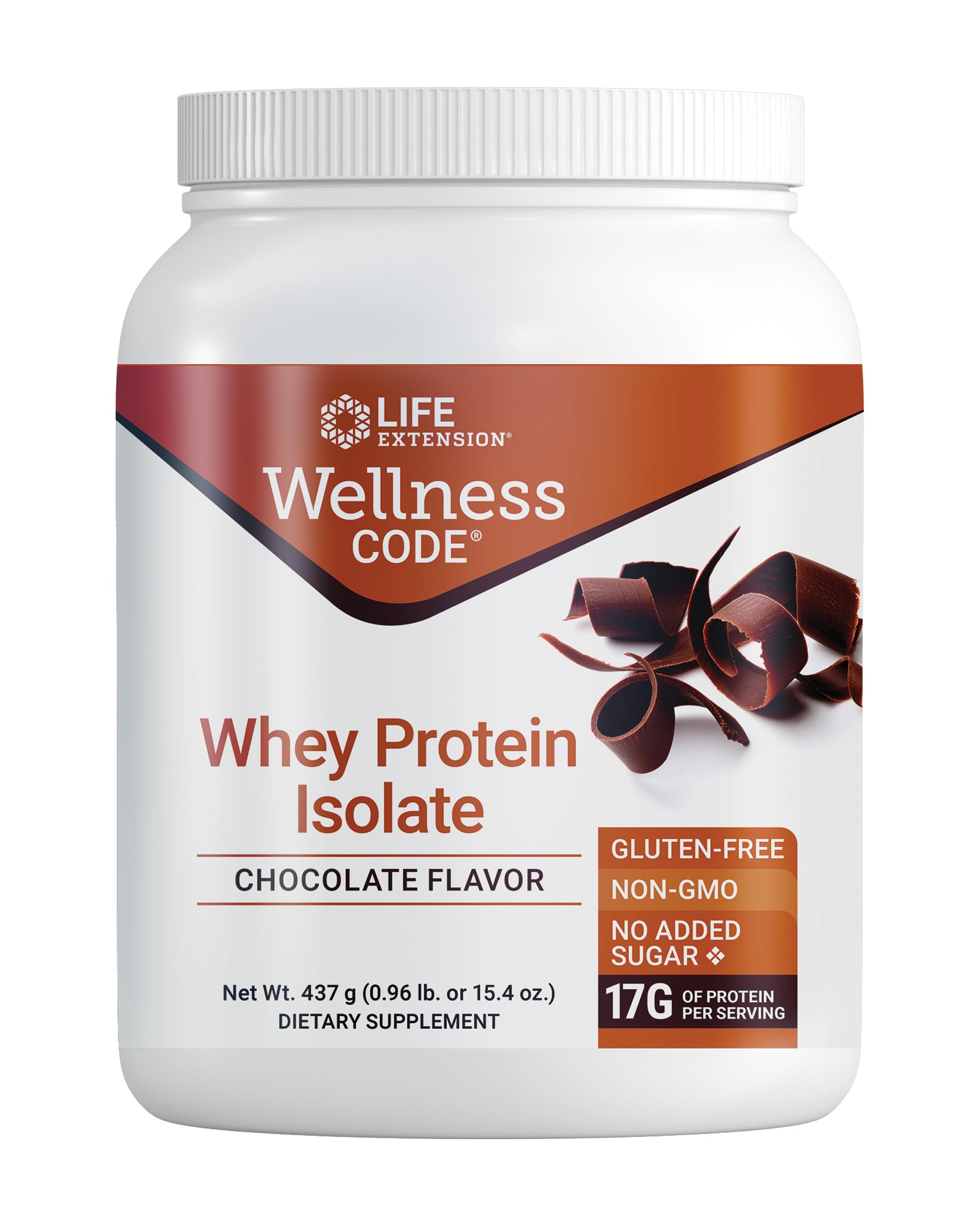 Life Extension Wellness Code Whey Protein Isolate chocolate bottle for post-workout recovery