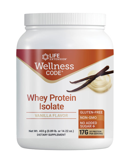 Life Extension Wellness Code Whey Protein Isolate Vanilla bottle highlighting 17 g protein per serving