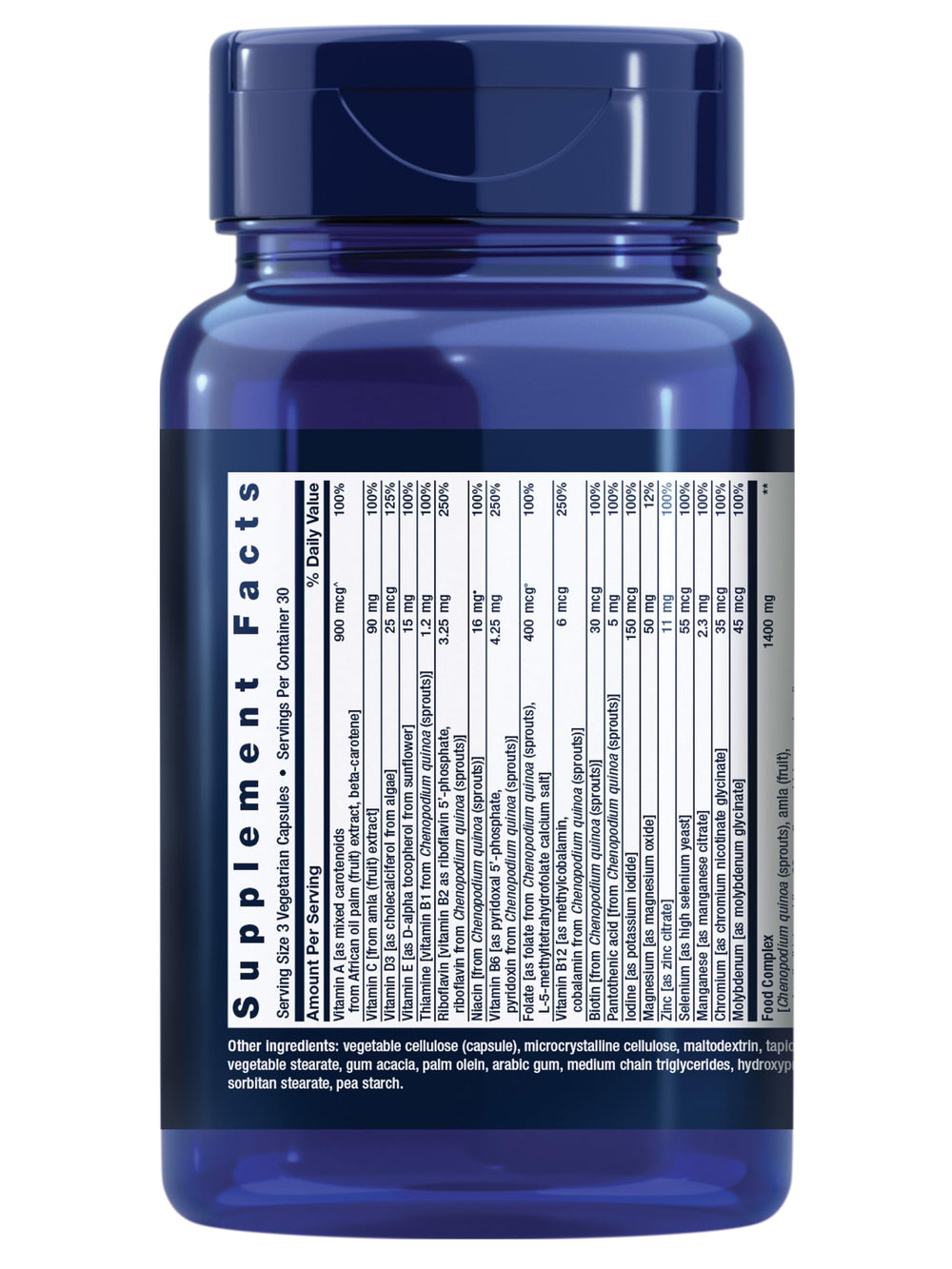 Life Extension Whole Food Multivitamin bottle back label detail highlights ingredients