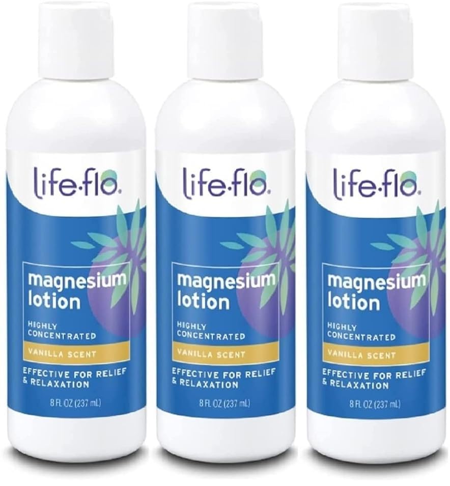 Life-Flo magnesium lotion bottle with vanilla scent for soothing muscles and calming the mind.