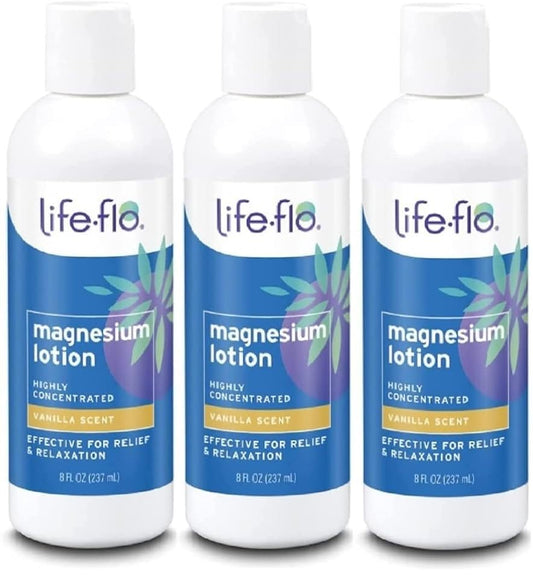 Life-Flo magnesium lotion bottle with vanilla scent for soothing muscles and calming the mind.