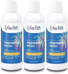 Life-Flo magnesium lotion bottle with vanilla scent for soothing muscles and calming the mind.