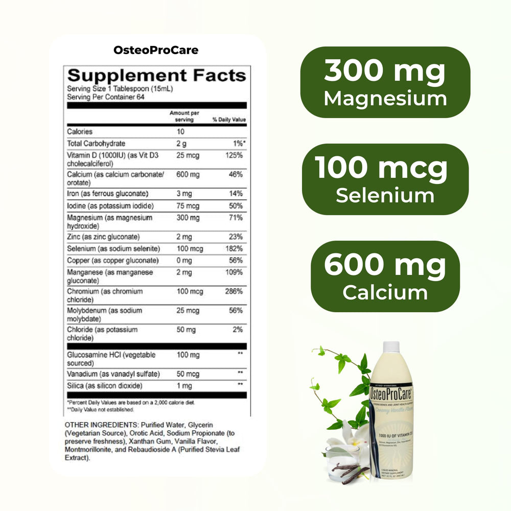 Life Force OsteoProCare label close-up showing calcium and vitamin D3